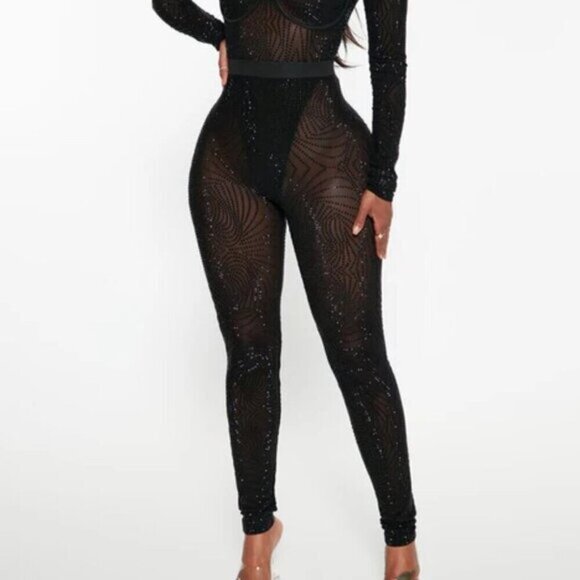 Fashion Nova Always A Baddie Rhinestone Mesh Leggings in Black Size Large - Picture 1 of 12